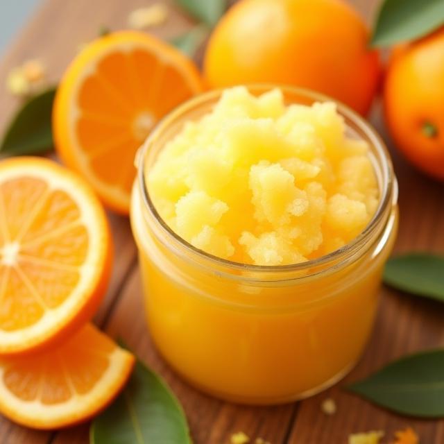 Citrus Body Scrub in glass jar with orange slices