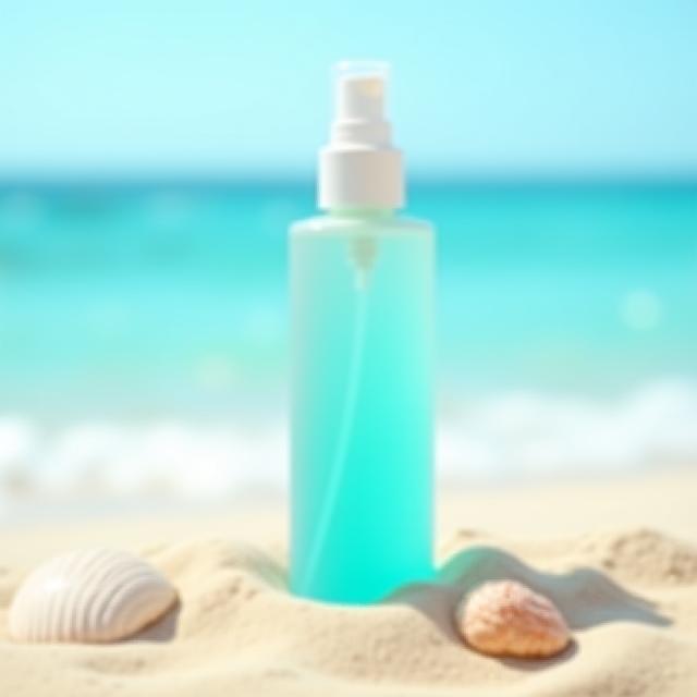 Ocean Mist Hair Spray bottle on sand